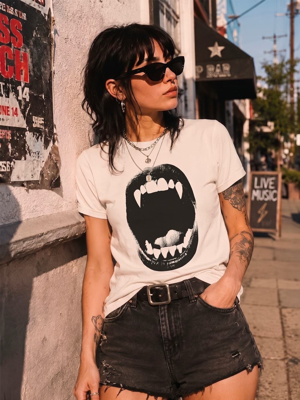 Vampire Fangs Open Mouth Cream Graphic Tee Spooky Season Grunge